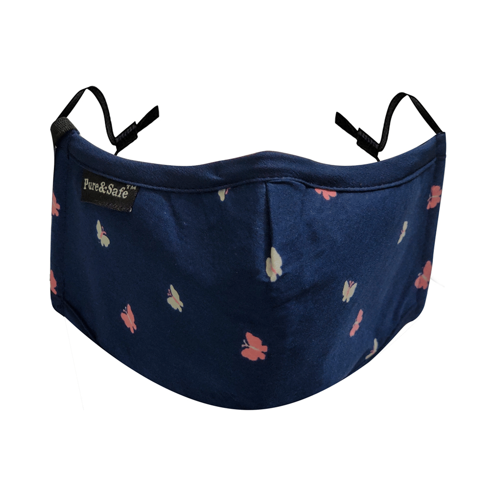Pure & Safe Designer N 95 Face Mask - 5 Layered Reusable Anti Pollution Mask with Activated Carbon Filter for Women Dark Blue Butterfly Designer