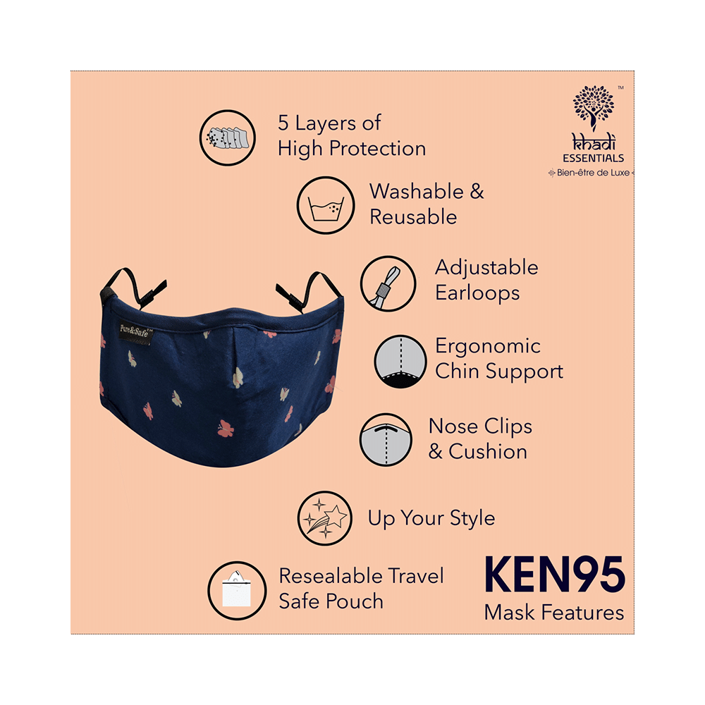 Pure & Safe Designer N 95 Face Mask - 5 Layered Reusable Anti Pollution Mask with Activated Carbon Filter for Women Dark Blue Butterfly Designer - Image 3