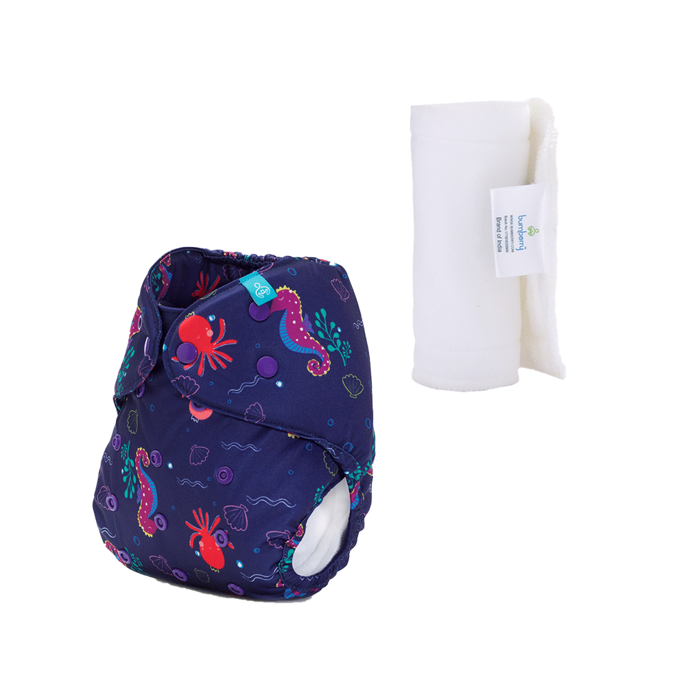 Bumberry Adjustable Reusable Cloth Pocket Diaper With 1 Three-Layer Microfiber Inserts for Babies Seahorse
