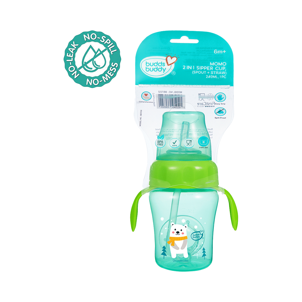 Buddsbuddy BPA Free Anti Spill Design Momo 2 in 1 Baby Sipper (Spout + Straw) Cup Green - Image 1