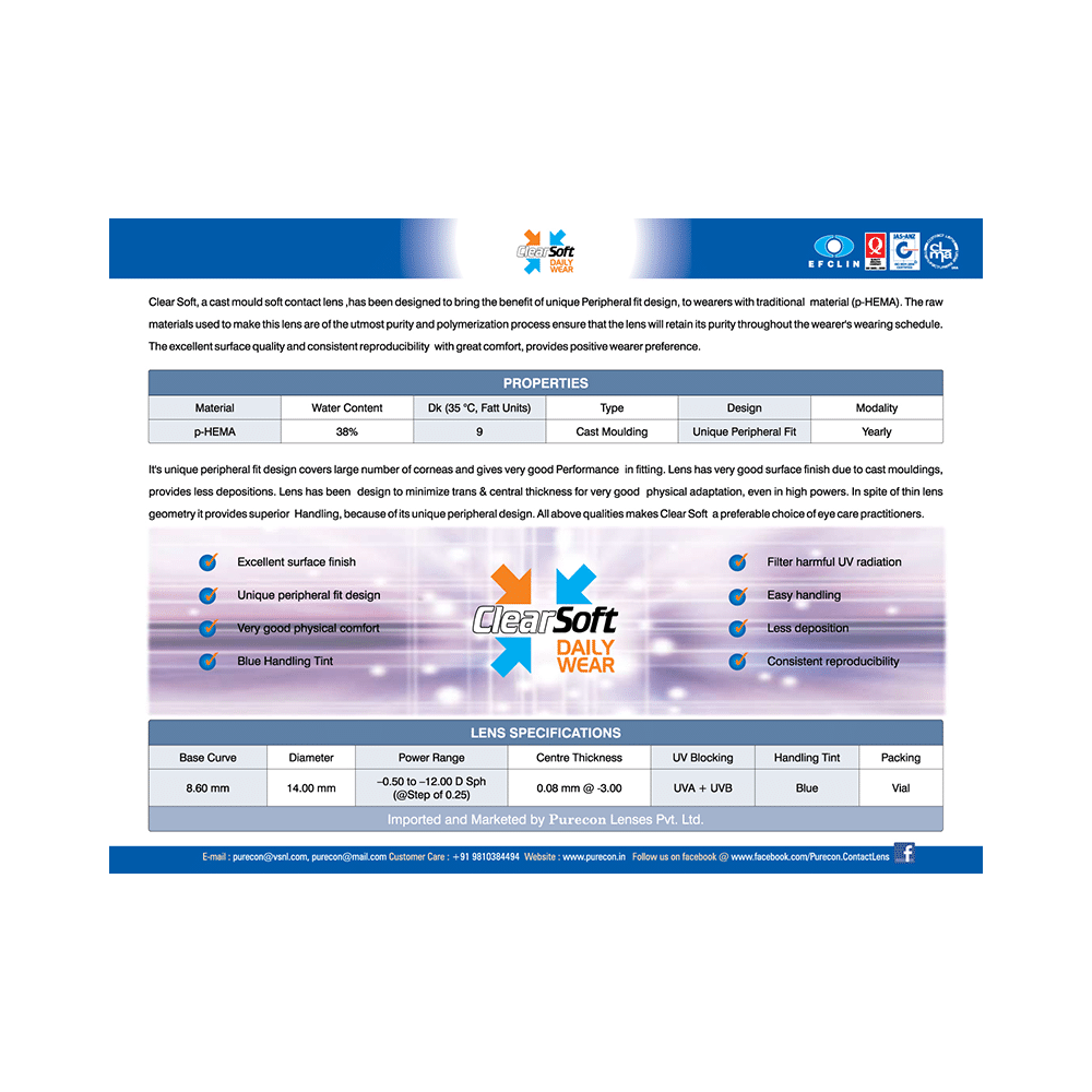 Purecon Clear Soft Daily Wear Contact Lens Optical Power -1.75 Blue - Image 4