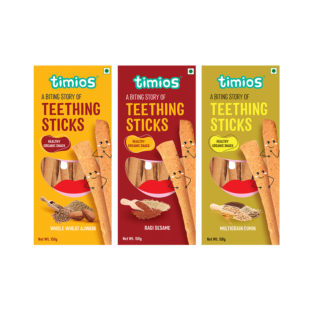 Timios Combo Pack of Teething Sticks (150gm Each) Whole Wheat Ajwain, Ragi Sesame & Multigrain Cumin