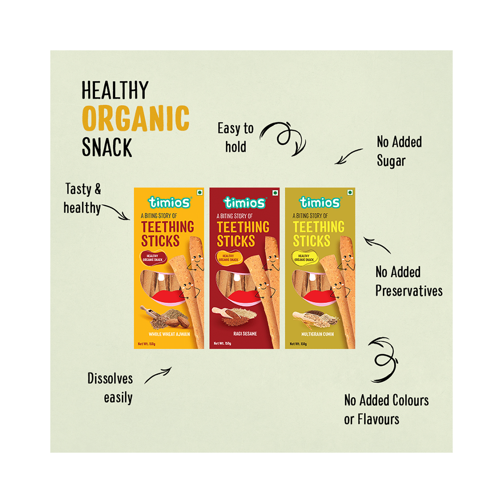 Timios Combo Pack of Teething Sticks (150gm Each) Whole Wheat Ajwain, Ragi Sesame & Multigrain Cumin - Image 7