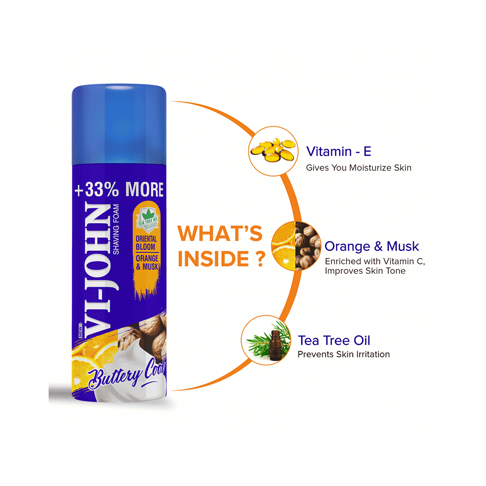 Vi-John Combo Pack of Buttery Cool Tea Tree Oil Shaving Foam (400gm) & Platinum Plated Master Stroke Razor (5) Oriental Bloom Orange & Musk - Image 5