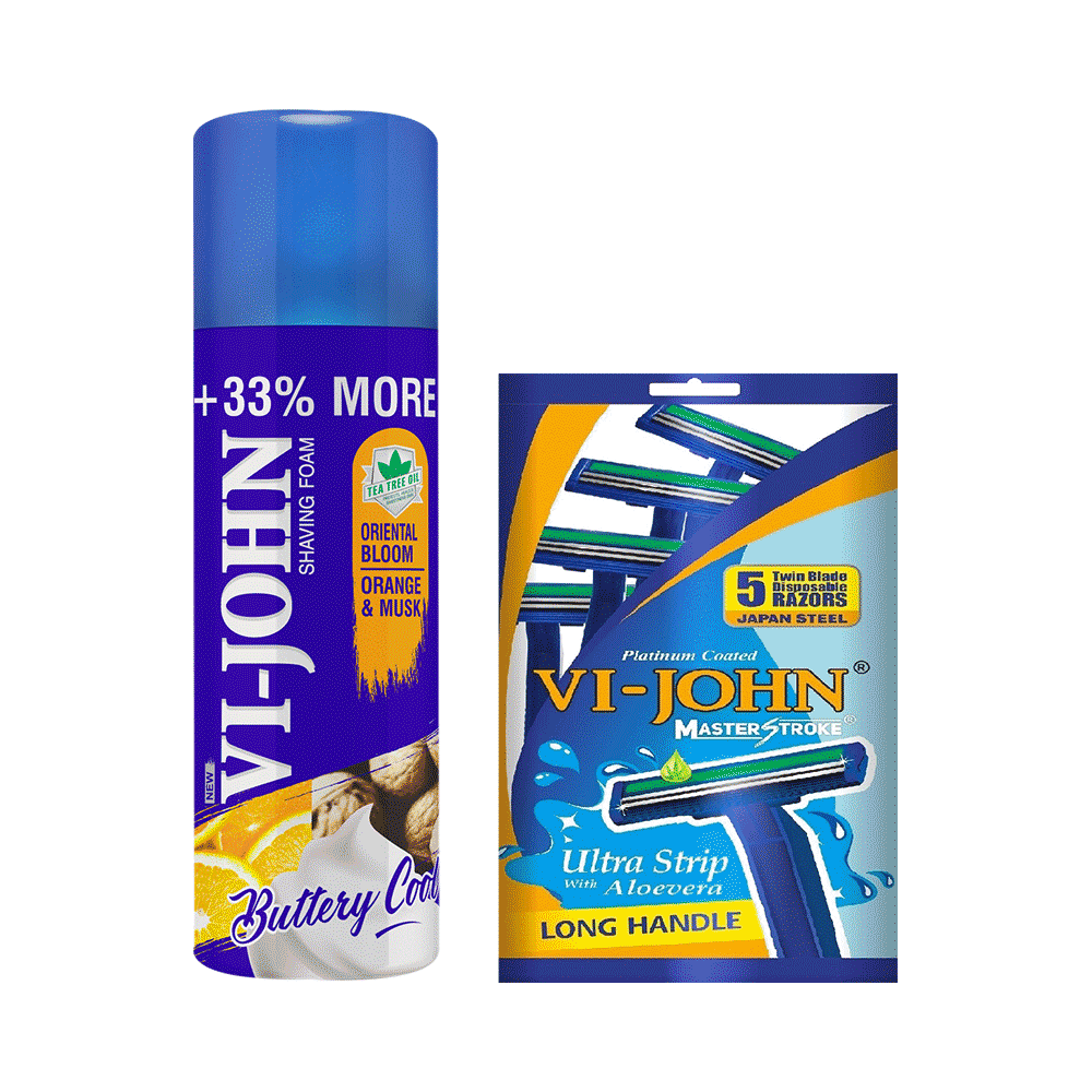 Vi-John Combo Pack of Buttery Cool Tea Tree Oil Shaving Foam (400gm) & Platinum Plated Master Stroke Razor (5) Oriental Bloom Orange & Musk