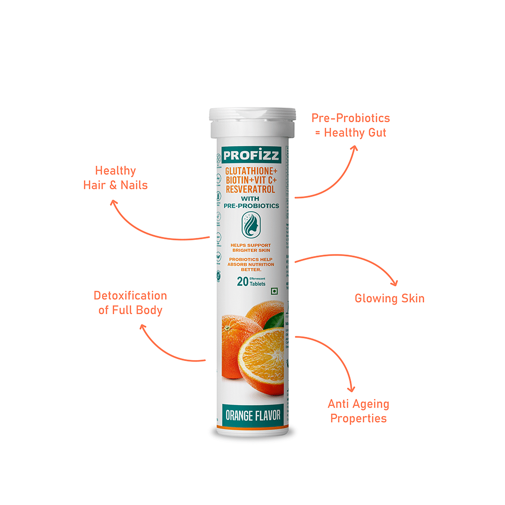 Profizz Glutathione + Biotin + Vit C + Resveratrol with Pre-Probiotics Effervescent Tablet (20 Each) Orange - Image 2