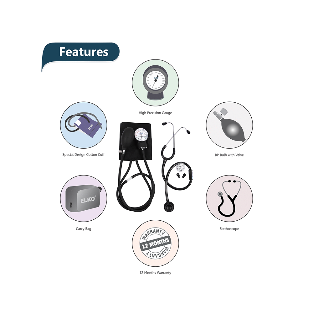 Elko EL 410S Dial Type Aneroid Sphygmomanometer Blood Pressure Monitor with Carry Bag and Basic Stethoscope Black - Image 3