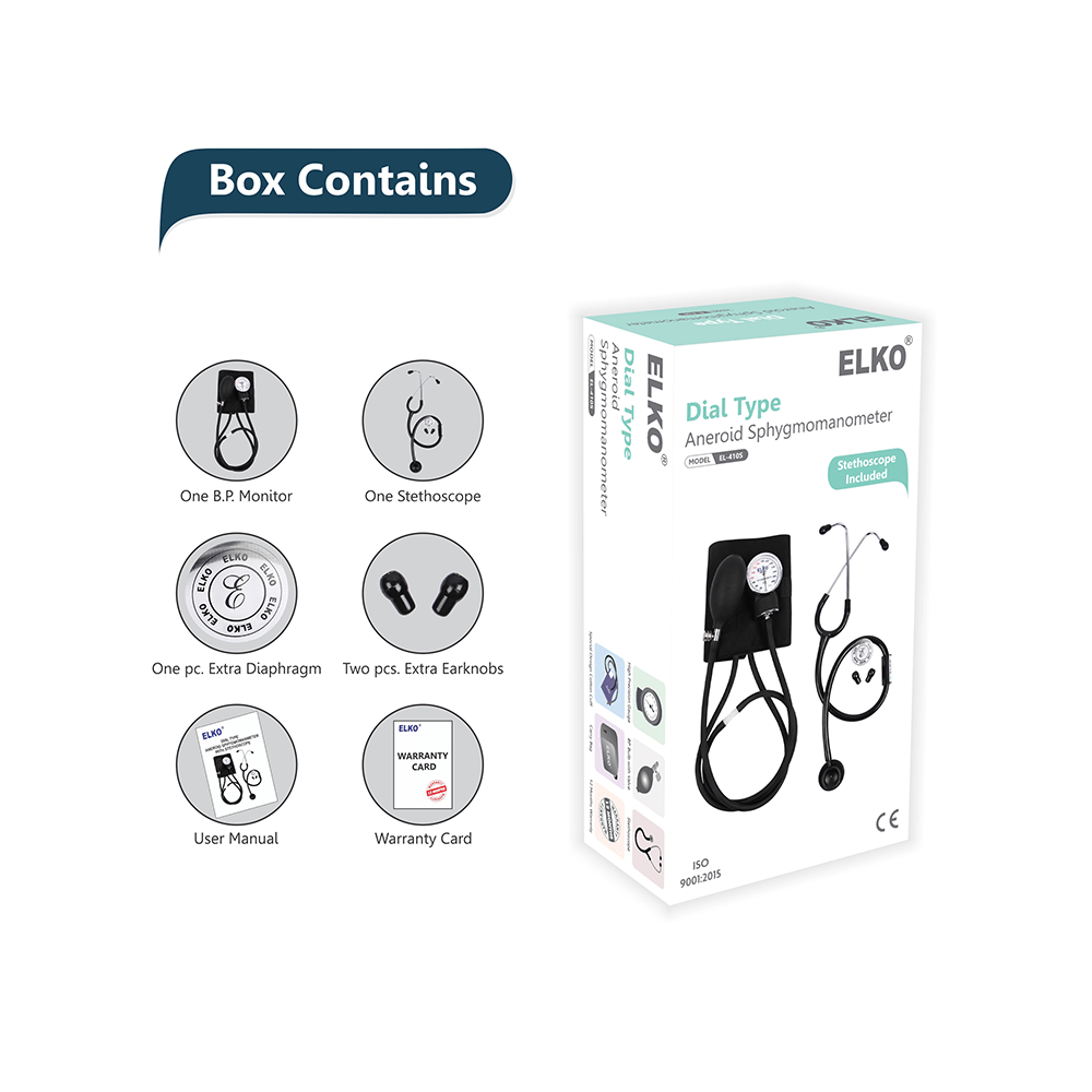 Elko EL 410S Dial Type Aneroid Sphygmomanometer Blood Pressure Monitor with Carry Bag and Basic Stethoscope Black - Image 6