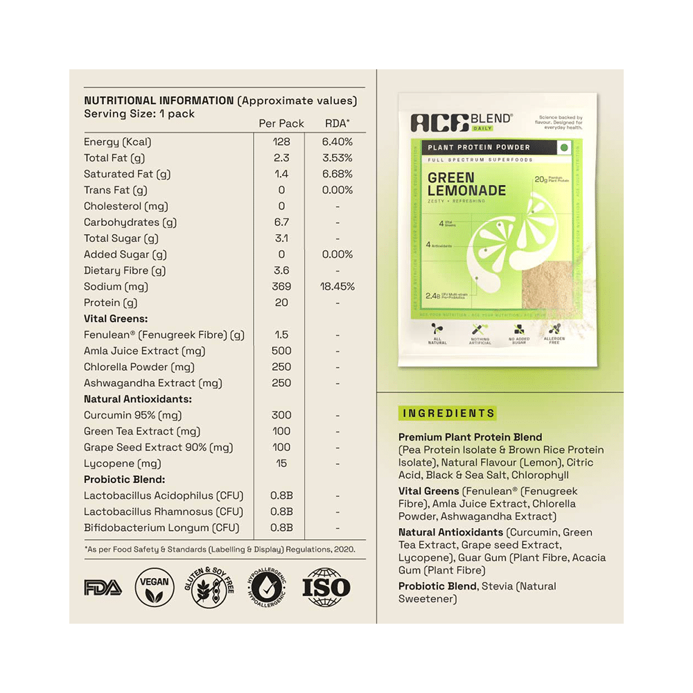 Ace Blend Daily 20g Vegan Plant Protein Powder & Superfoods Green Lemonade - Image 2