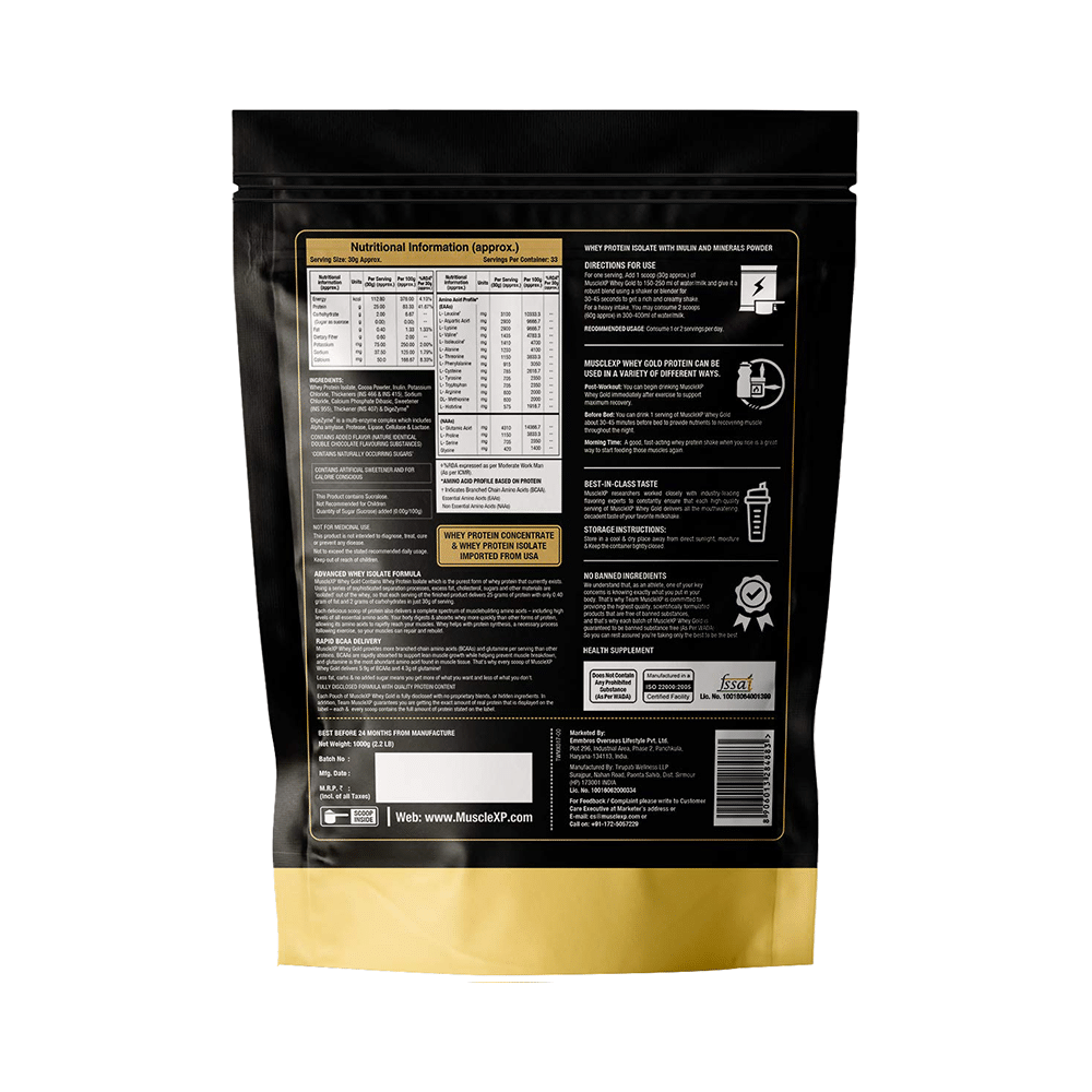 MuscleXP Whey Gold Premium Whey Protein Isolate with Digestive Enzymes Double Chocolate with Shaker - Image 3
