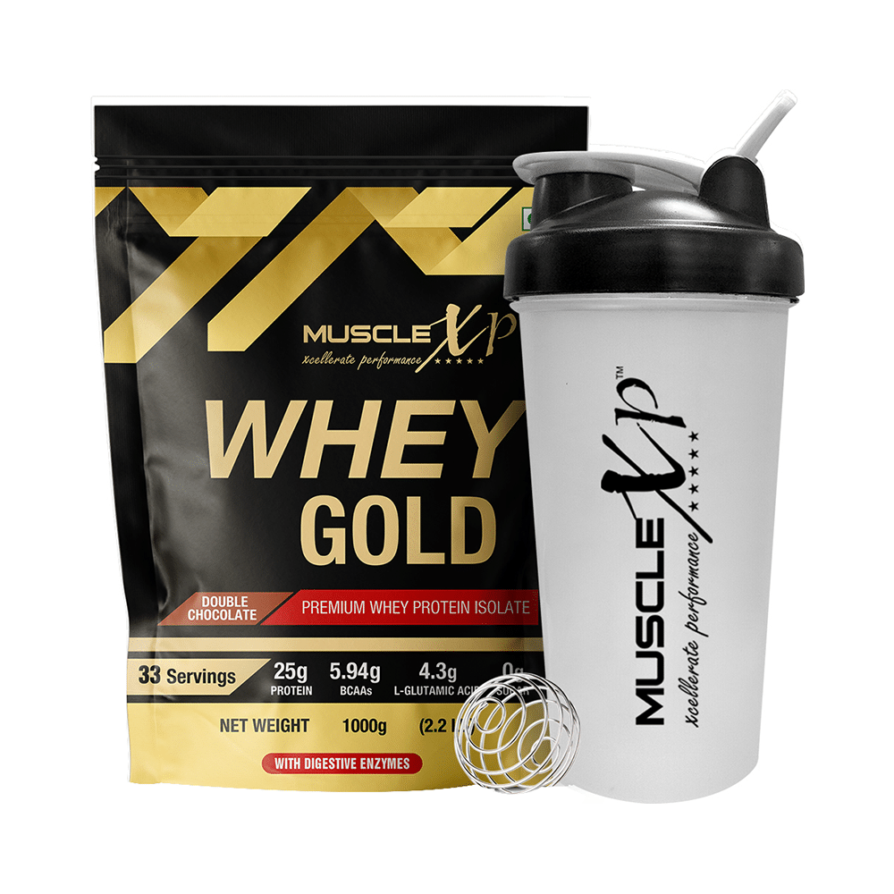 MuscleXP Whey Gold Premium Whey Protein Isolate with Digestive Enzymes Double Chocolate with Shaker - Image 1