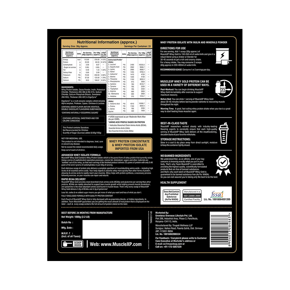 MuscleXP Whey Gold Premium Whey Protein Isolate with Digestive Enzymes Double Chocolate with Shaker - Image 5