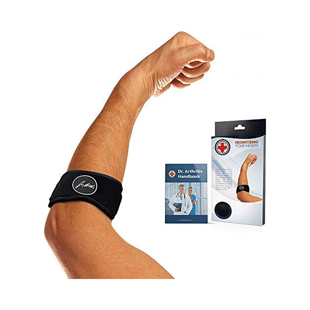 Dr. Arthritis Tennis & Golfer's Elbow Solution Support Strap Brace with Doctor Written Handbook Black - Image 1