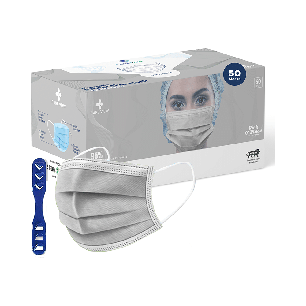 Care View CV2992 Sitra Approved 3 Ply Colored Disposable Surgical Mask with Built in Metal Nose Pin and 1 Melt Blown Layer (50 Each) Grey - Image 1