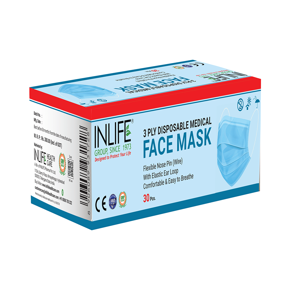 Inlife 3 Ply Non Woven Disposable Face Mask with Ear Loop and Nose Pin (30 Mask Each) - Image 2