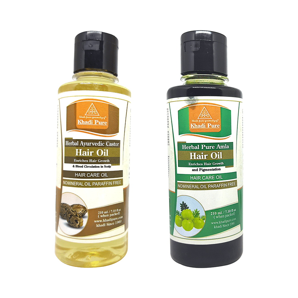 Khadi Pure Combo Pack of Herbal Ayurvedic Castor Hair Oil & Herbal Pure Amla Hair Oil Mineral Oil Free & Paraffin Free (210ml Each) - Image 1