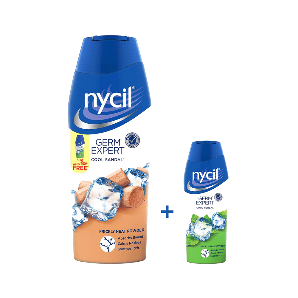 Nycil Germ Expert Cool Sandal Prickly Heat Powder with Nycil Cool Herbal 50gm Free