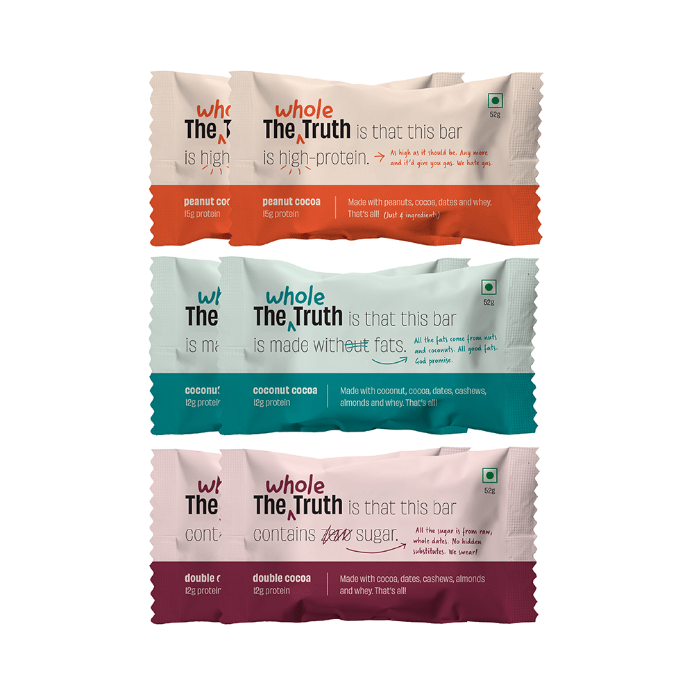 The Whole Truth Protein Bar (52gm Each) | 2 Peanut Cocoa, 2 Coconut Cocoa, 2 Double Cocoa