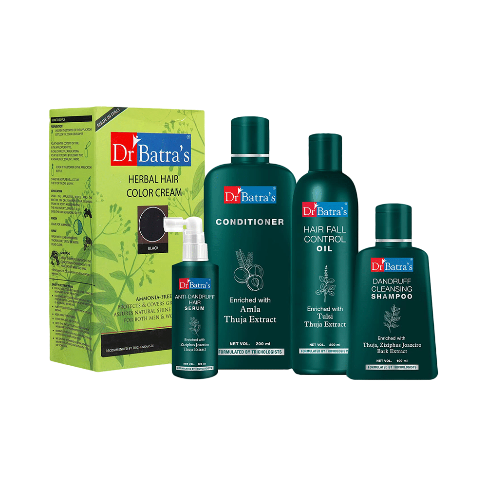 Dr Batra's Combo Pack of Dandruff Cleansing Shampoo 100ml, Conditioner 200ml, Anti-Dandruff Hair Serum 125ml, Hair Fall Control Oil 200ml and Herbal Hair Color Cream 130gm Black - Image 1