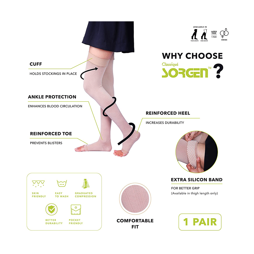 Sorgen Classique (Lycra) Class II Thigh Length Medical Compression Stockings for Varicose Veins Medium Beige - Image 2