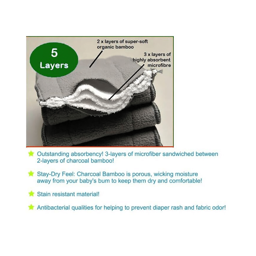 Kuhu Creations Washable 5 Layer Bamboo Charcoal Reusable Cloth Diaper Inserts - Image 4