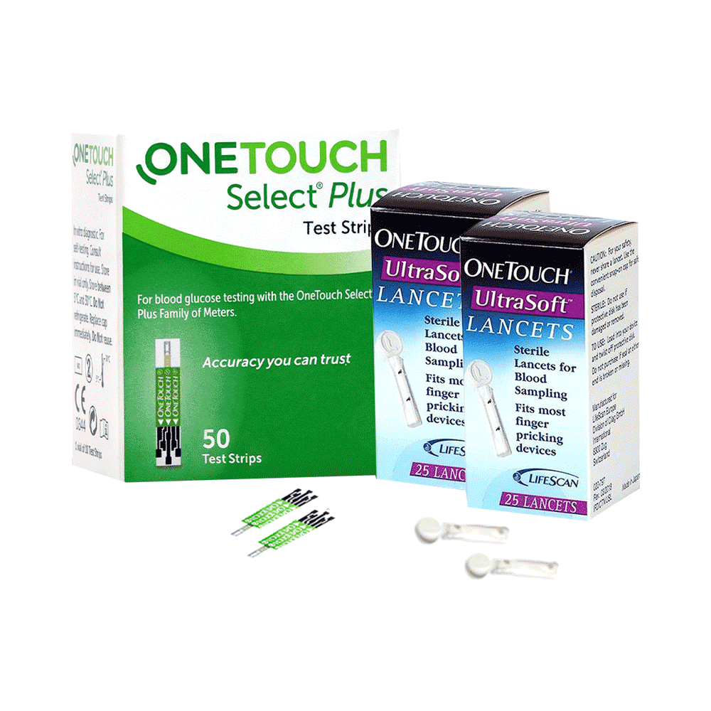 Combo Pack of OneTouch Select Plus Test Strip (50) & 2 Boxes of OneTouch Ultrasoft Lancets (25 Each) - Image 1