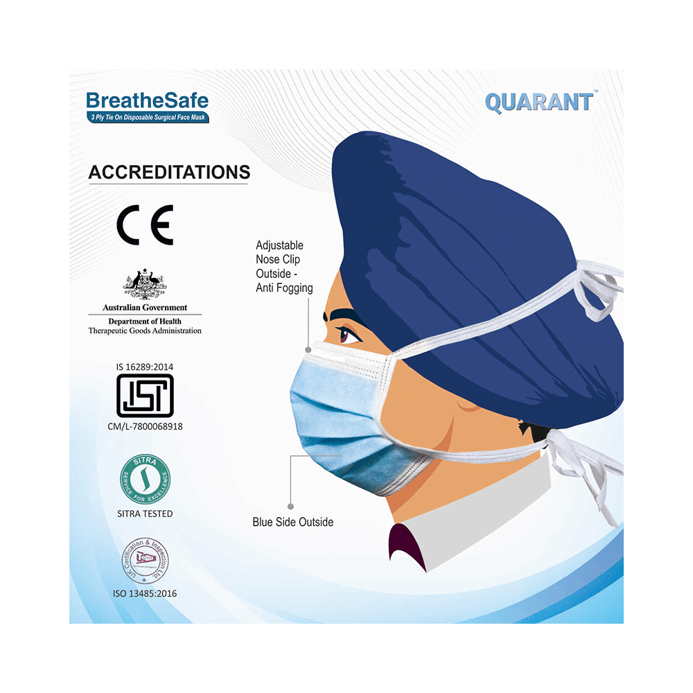 Quarant Breathe Safe 3 Ply Tie On Disposable Surgical Face Mask Blue - Image 5