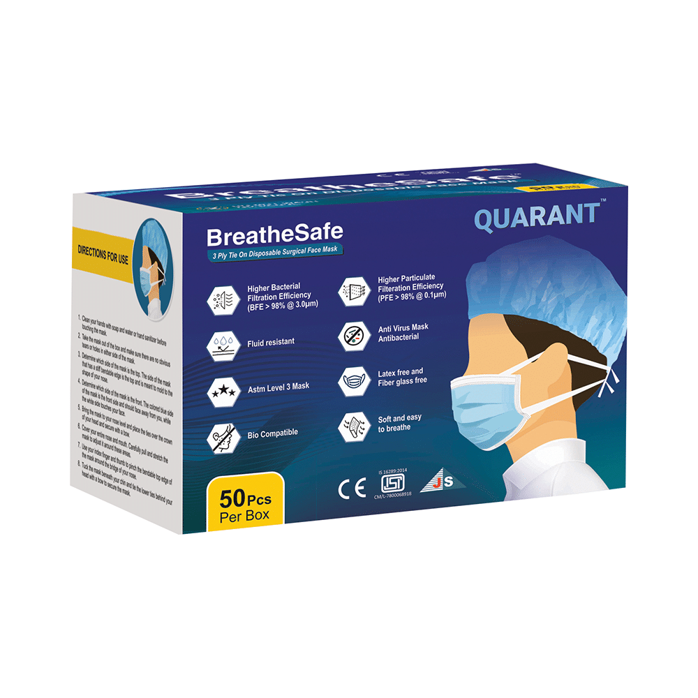 Quarant Breathe Safe 3 Ply Tie On Disposable Surgical Face Mask Blue
