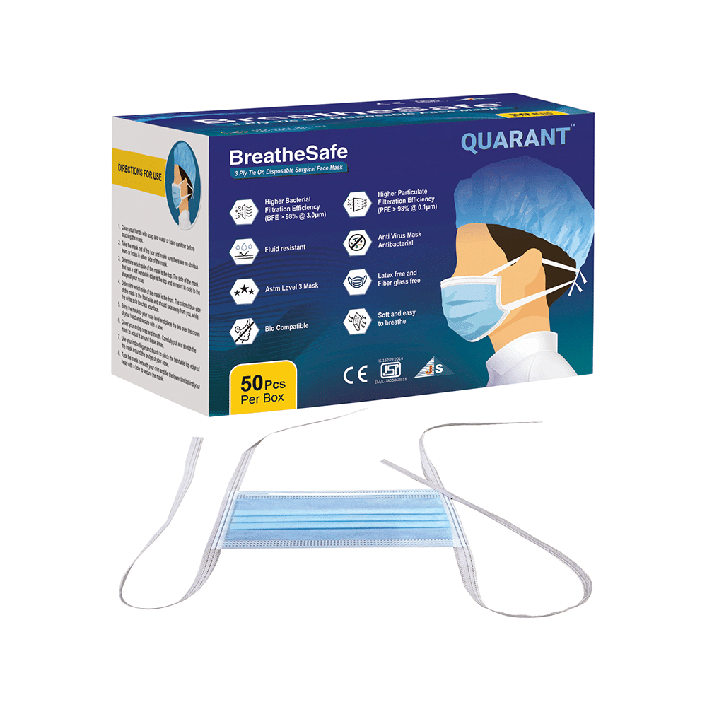 Quarant Breathe Safe 3 Ply Tie On Disposable Surgical Face Mask Blue - Image 2