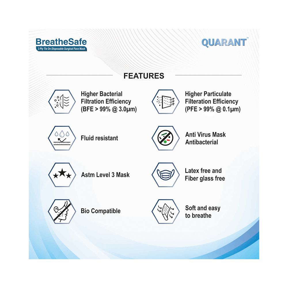 Quarant Breathe Safe 3 Ply Tie On Disposable Surgical Face Mask Blue - Image 3