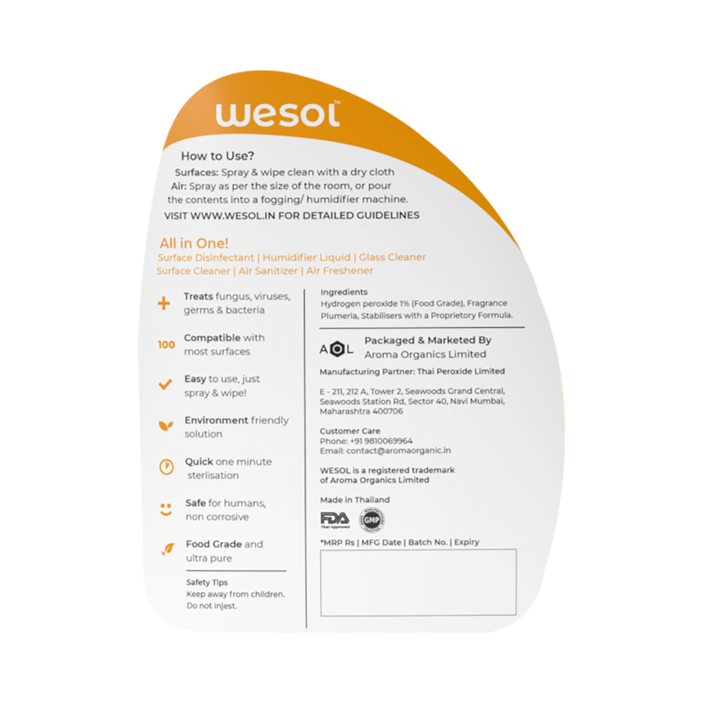 Wesol Food Grade Hydrogen Peroxide 1% All in One Multi Surface Cleaner Liquid, Disinfectant and Air Freshner Spray (500ml Each) Fresh Plumeria - Image 3