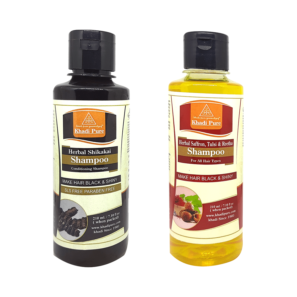 Khadi Pure Combo Pack of Herbal Saffron, Tulsi & Reetha Shampoo & Herbal Shikakai Shampoo SLS Free & Paraben Free (210ml Each) - Image 1