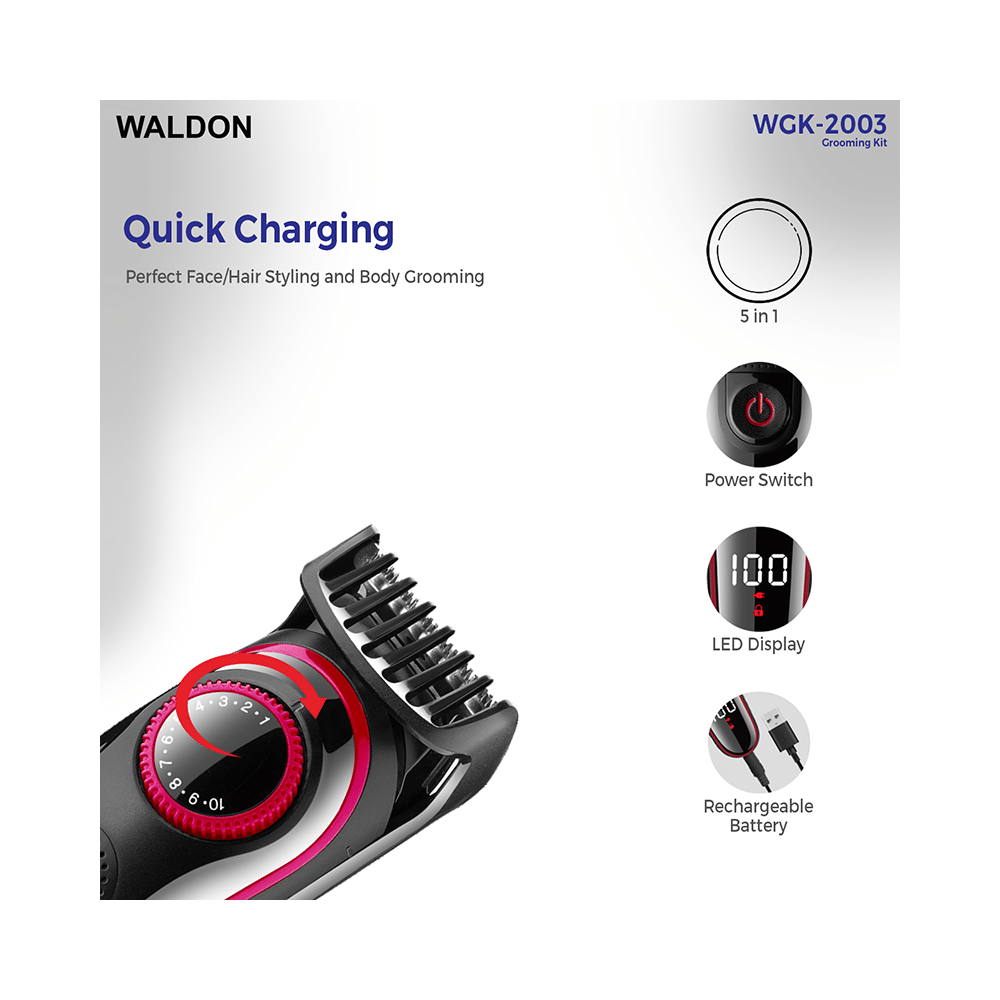 Waldon WGK-2003 5 in 1 Multi Grooming Kit Trimmer Black - Image 6