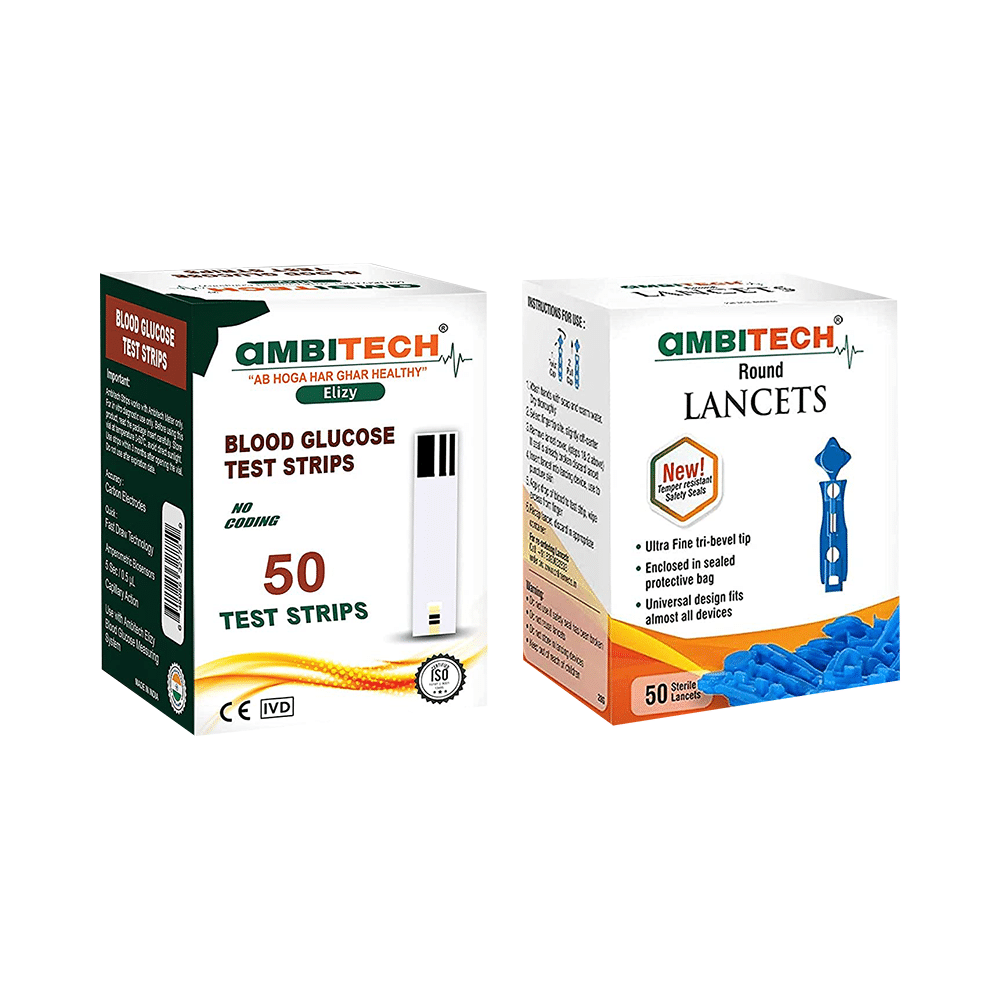 Ambitech Combo Pack of 50 Blood Glucose Test Strip & 50 Round Lancet