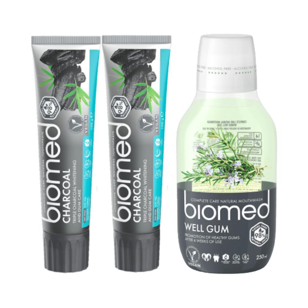 Biomed Complete Care Natural Toothpaste (100gm Each) Charcoal Buy 2 Get 1 Biomed Well Gum Mouthwash Free - Image 1