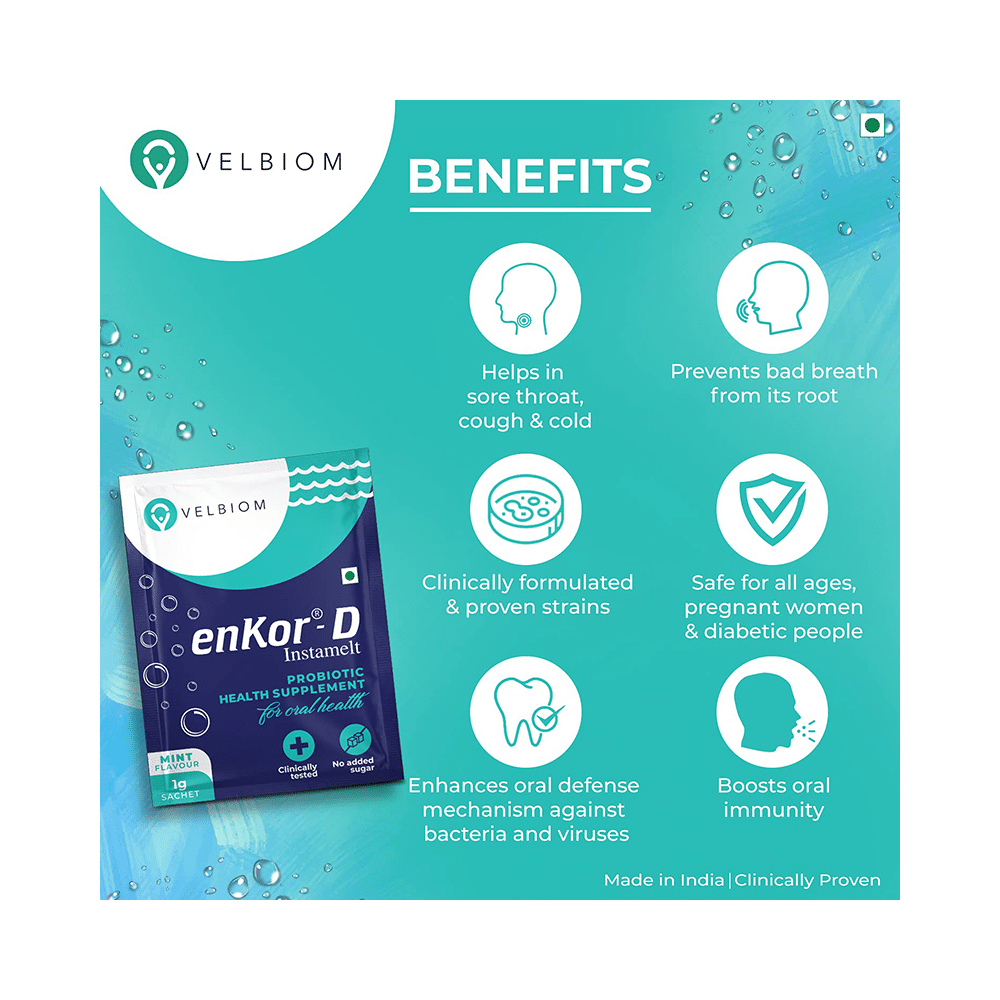 Velbiom Enkor-D Instamelt Probiotic Health Supplement for Oral Health | No Added Sugar | Flavour Mint - Image 6