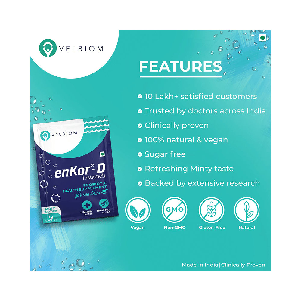 Velbiom Enkor-D Instamelt Probiotic Health Supplement for Oral Health | No Added Sugar | Flavour Mint - Image 7