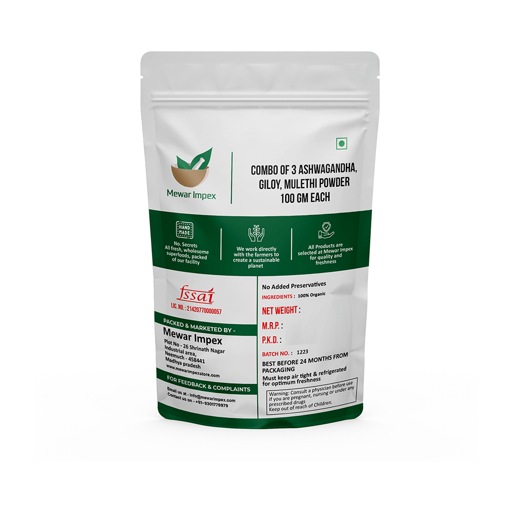 Mewar Impex Combo Pack of Organic Ashwagandha Powder, Organic Giloy Powder & Organic Mulethi Yastimadhu Powder (100gm Each) - Image 2