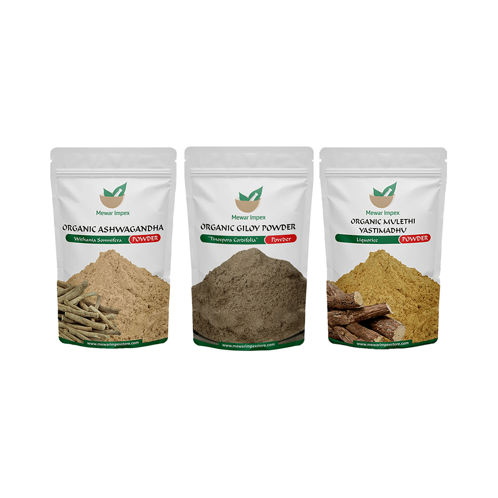 Mewar Impex Combo Pack of Organic Ashwagandha Powder, Organic Giloy Powder & Organic Mulethi Yastimadhu Powder (100gm Each)