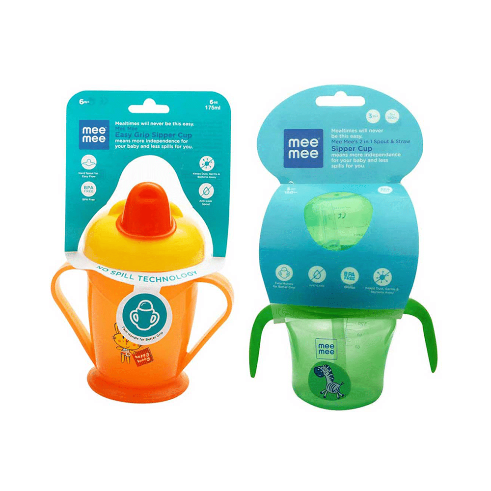Mee Mee Combo Pack of Easy Grip Sipper Cup with Twin Handle,Orange Color (180ml) & 2 in 1 Spout and Straw Sipper Cup, Green Color (150ml)