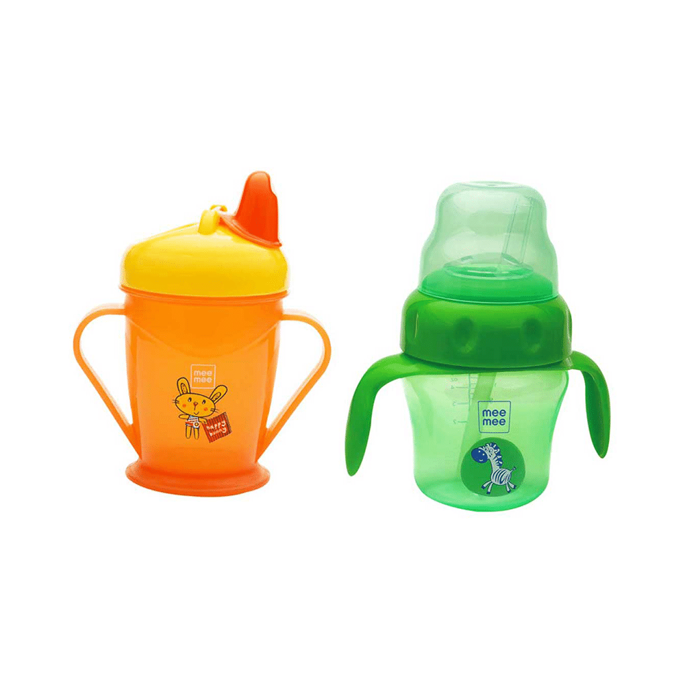 Mee Mee Combo Pack of Easy Grip Sipper Cup with Twin Handle,Orange Color (180ml) & 2 in 1 Spout and Straw Sipper Cup, Green Color (150ml) - Image 3