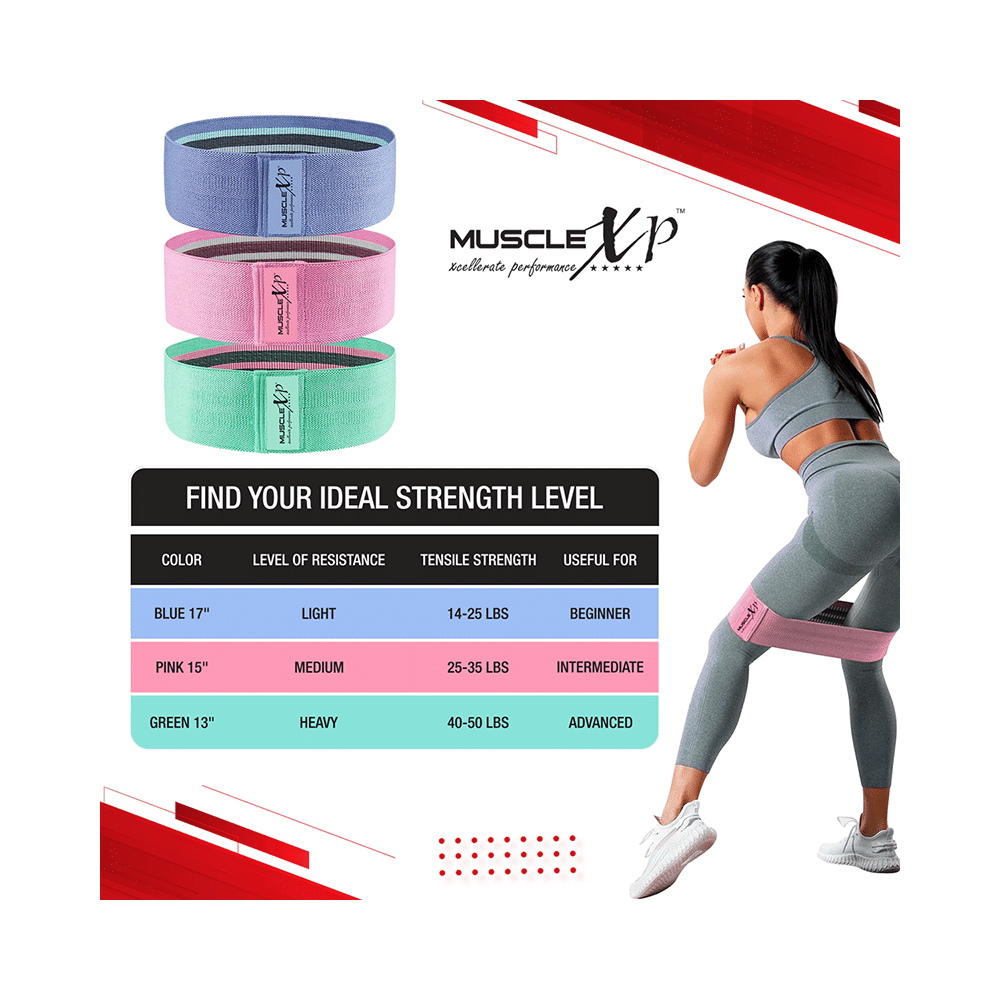 MuscleXP Dr Fitness+ Hip Loop Fabric Resistance Band Light, Medium & Heavy - Image 2