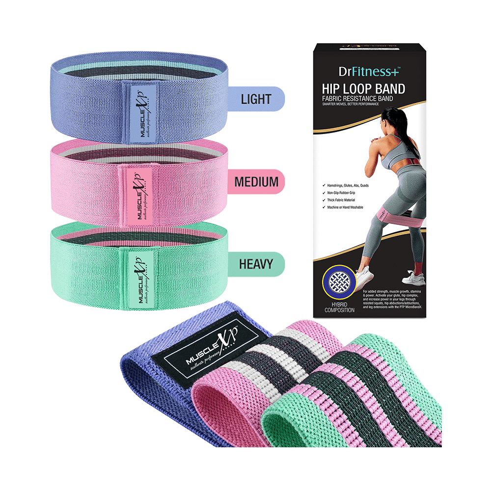 MuscleXP Dr Fitness+ Hip Loop Fabric Resistance Band Light, Medium & Heavy - Image 1