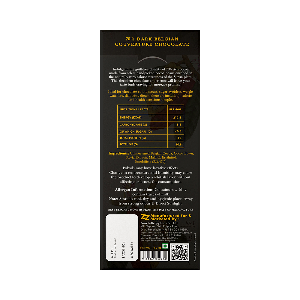 Zevic 70% Dark Chocolate | Diabetic Friendly | Flavour Belgian Cocoa - Image 2