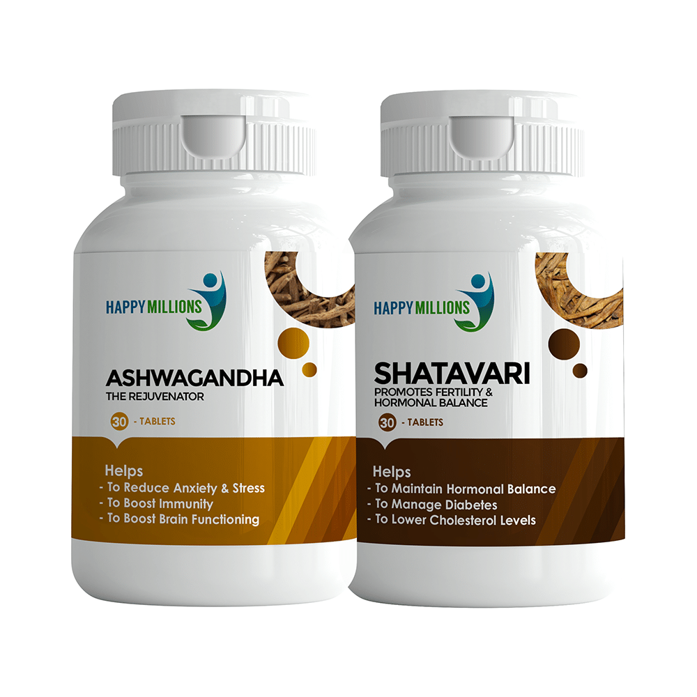 Happy Millions Combo Pack of Ashwagandha Tables (30) & Shatavari Tablets (30) - Image 1
