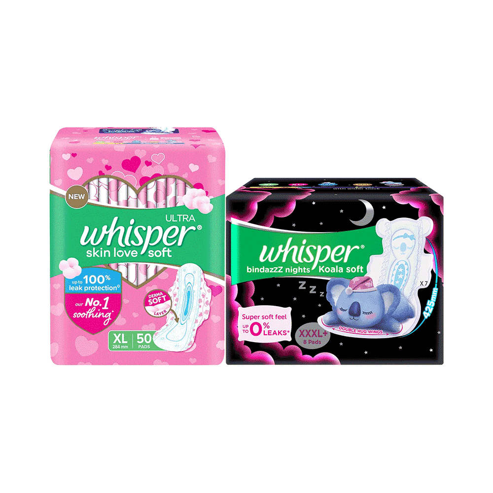 Combo Pack of Whisper Ultra Soft Sanitary Pads XL (50 Each) & Whisper Bindazzz Nights Koala Soft Pads XXXL+ (8 Each)