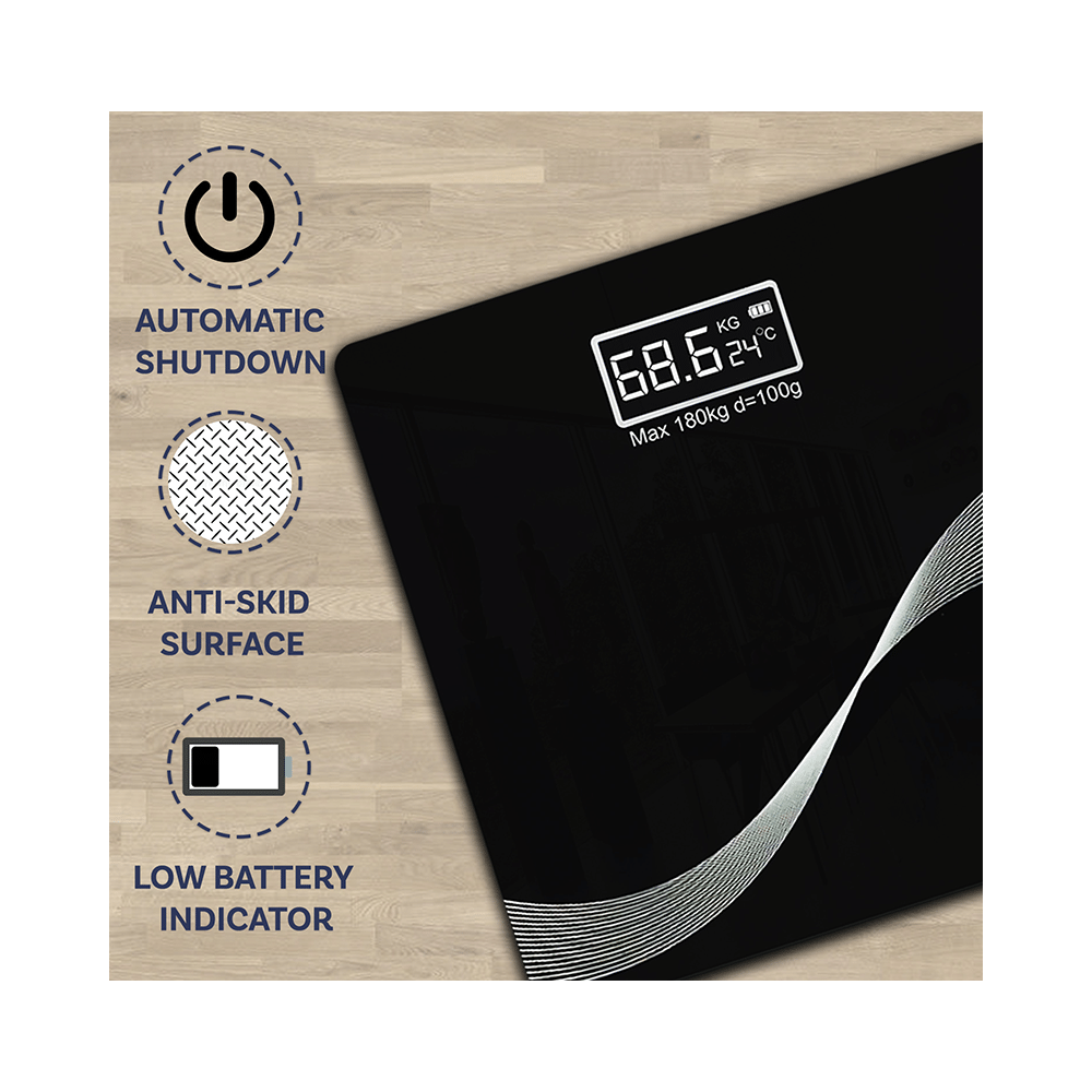 beatXP Thick Tempered Glass Electronic LCD Personal Health Body Fitness Digital Bathroom Scales Wave Black - Image 2