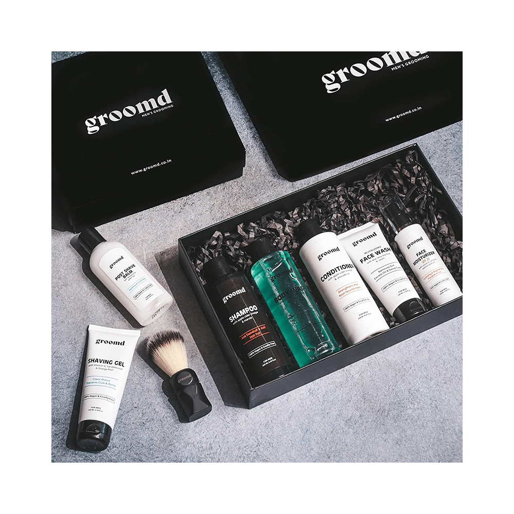 Groomd Combo Pack of Body Wash, Face Wash, Face Moisturizer, Post Shave Balm, Shvaing Gel, Hair Conditioner, Hair Shampoo & Shaving Brush for Men - Image 2