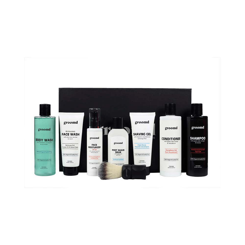 Groomd Combo Pack of Body Wash, Face Wash, Face Moisturizer, Post Shave Balm, Shvaing Gel, Hair Conditioner, Hair Shampoo & Shaving Brush for Men - Image 1