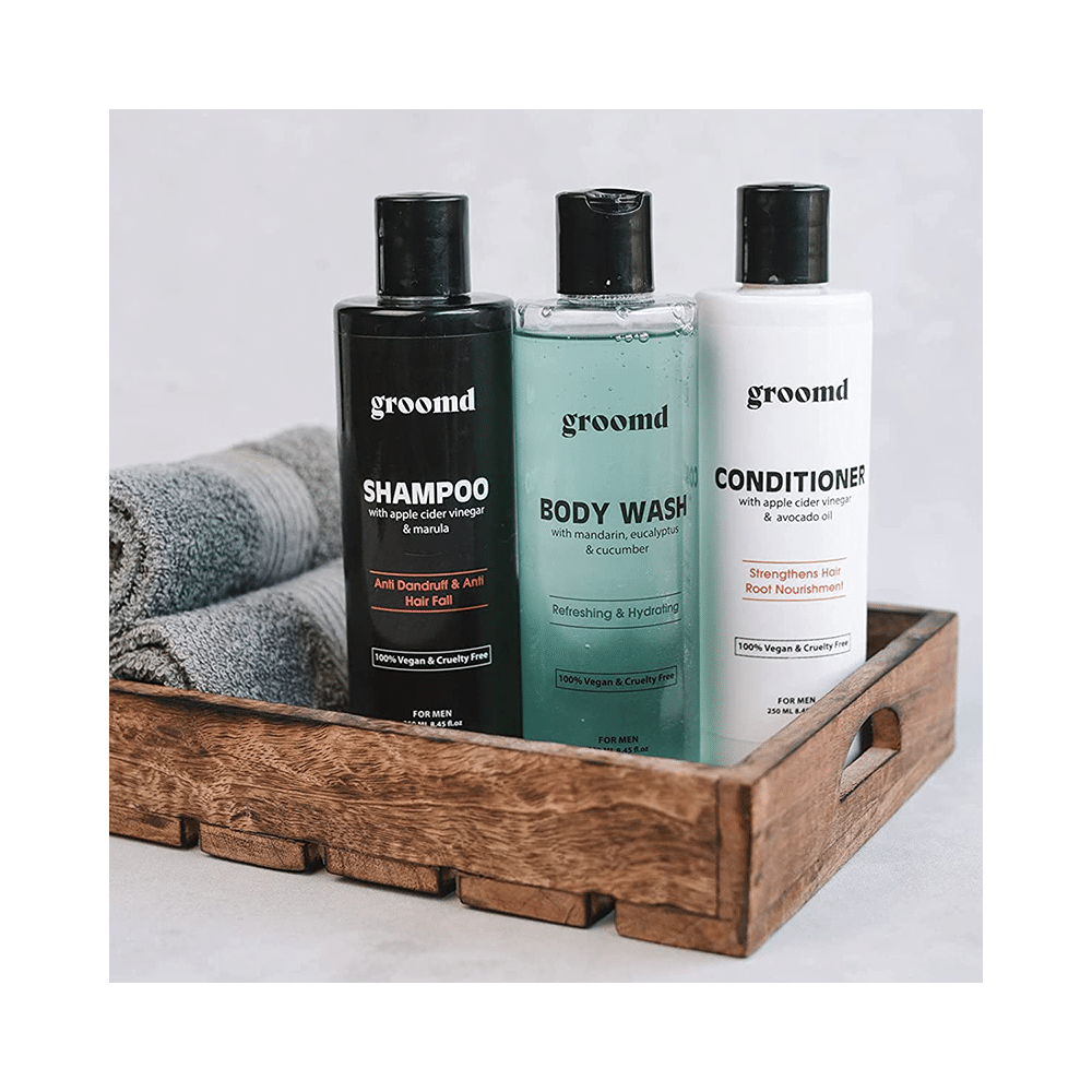 Groomd Combo Pack of Body Wash, Face Wash, Face Moisturizer, Post Shave Balm, Shvaing Gel, Hair Conditioner, Hair Shampoo & Shaving Brush for Men - Image 4